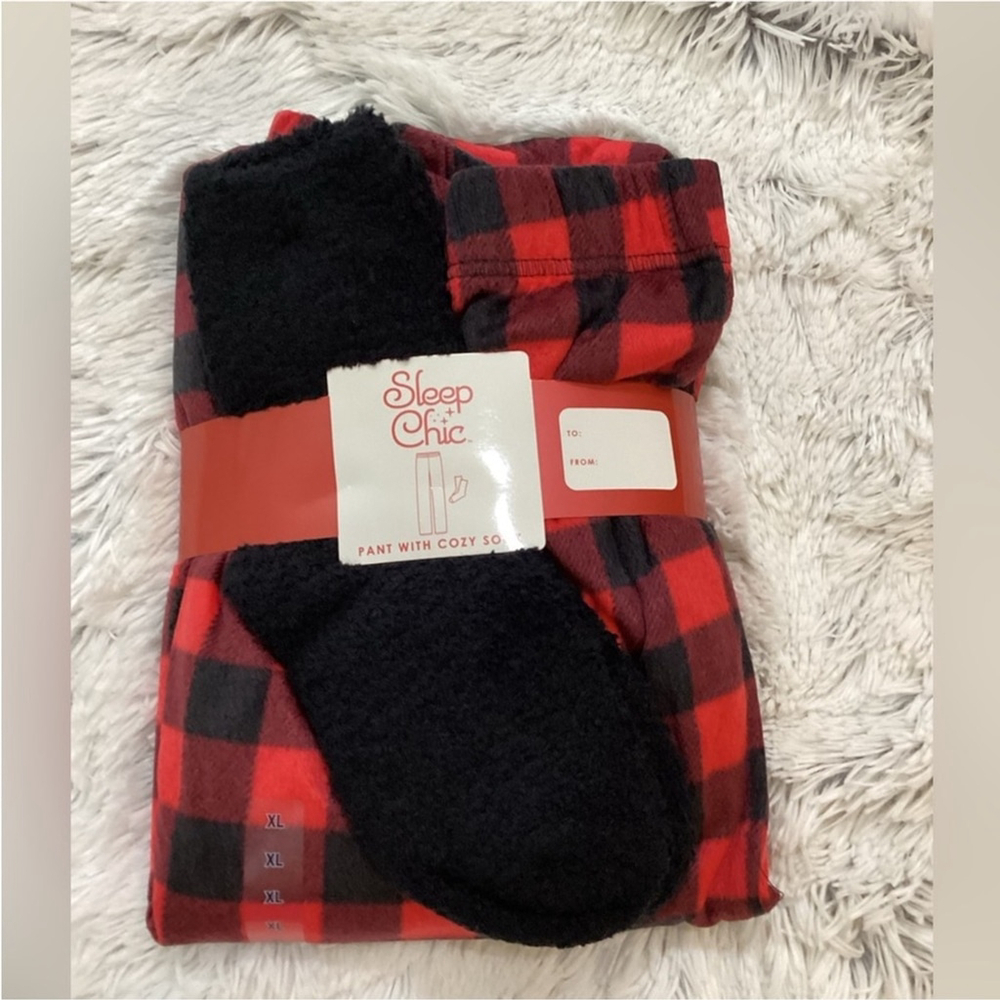 Sleep Chic red gingham check fleece sleep pant with socks Woman's XL